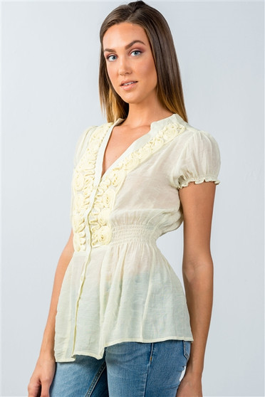 Womens Fashion Boho Yellow Flower Ruffle Front Sheer Top!