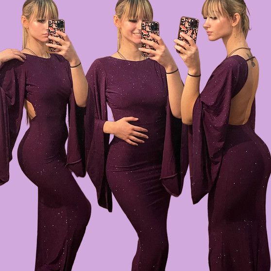 Beautiful Womens Purple Glam Glitter Flare Bell Draped Sleeve Open Back Bodycon Maxi Dress