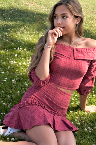 Womens-Fashion, Skirt-set, Plaid, 2-Piece, Ruffle-Shirt, Puffy-sleeves, Fall-Fashion, Winter-fashion, Trending, Trendy, Crop-top