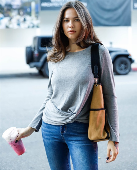 Grey Ribbed Twist Front Detail Long Sleeve Top