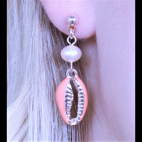 Pink and Silver Shell Pearl Earrings