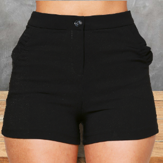 Black Stretch Shorts with ruffle trim on the pockets