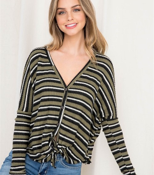 Supper Soft and Fluffy is this Must have Olive Black & White Striped Tie Knot V-Neck Sweater