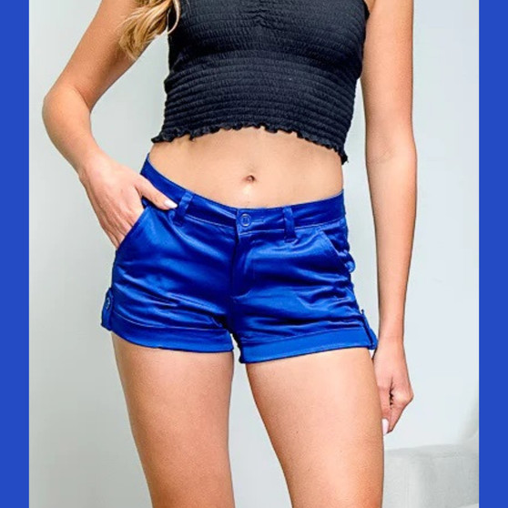 Royal Blue Satin Cuffed Side Button Short Shorts
