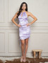 Lilac Satin Shine Asian Floral Stitch Ruched Dress