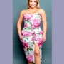 Plus Size Chiffon Strapless Rose Pink & White Floral Sheer Ruffle Ruched Dress