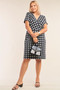 Short Sleeve B&W Plaid V Neck Dress