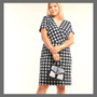 Short Sleeve B&W Plaid V Neck Dress