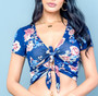 Navy Blue Floral Crop Top with double tie front.