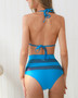 Womens Fashion Aqua Colored 2 Piece Swim Suit with See Through Mesh Stripes