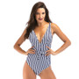 Womens Fashion Navy & White Pinstripe Tie Waist Swim Suit