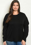 Womens Fashion PLus Size Long Sleeve Top with Mid Length Rusched Sleeves in Black