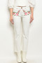 Womens Fashion White Jeans with Distressed Bottoms and Pink Embroidered Flowers over Front Pockets!