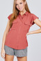 Womens Fashion/Business/Casual Ruffle Shoulders Button Down Chest Pockets Top in Cinnamon
