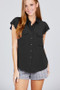 Womens Fashion/Business/Casual Ruffle Shoulders Button Down Chest Pockets Top in Black.