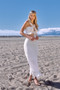 Womens Fashion Off-White Mini Boho Lace Up Crop Top & High-Waist Frill Trim Maxi Skirt Set!