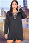 Womens Fashion Casual Black Long Sleeve Graphic Trim Lace-Up Sweater Dress