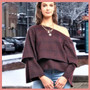 Super Cute Plum Navy Plaid Off-Shoulder Long Sleeve Loose Fit Layered Top Super Cute Plum Navy Plaid Off-Shoulder Long Sleeve Loose Fit Layered Top