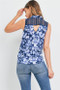 Chic Button Down Navy & White Sleeveless Tie-Dye Top with Embroidery pattern on the back.