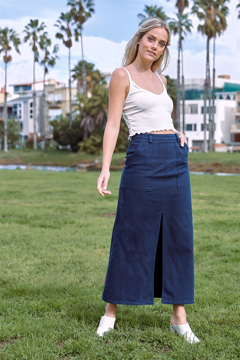 Blue Denim Midi Center Slit Skirt