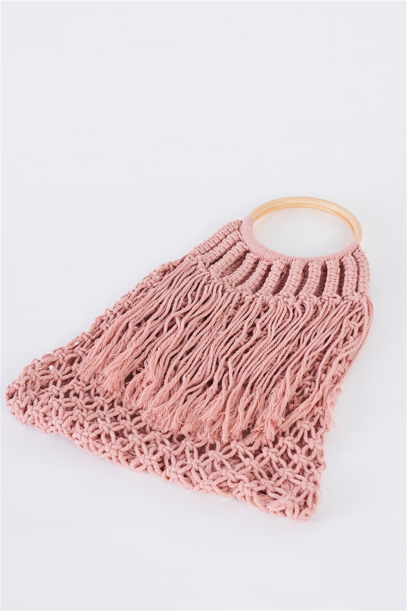 Pink Net Front Cable Fringe Wooden Handle Bag