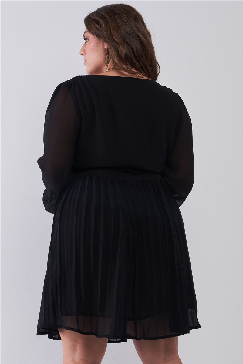 Plus Black Wrap Sheer Sleeves and Pleated Dress