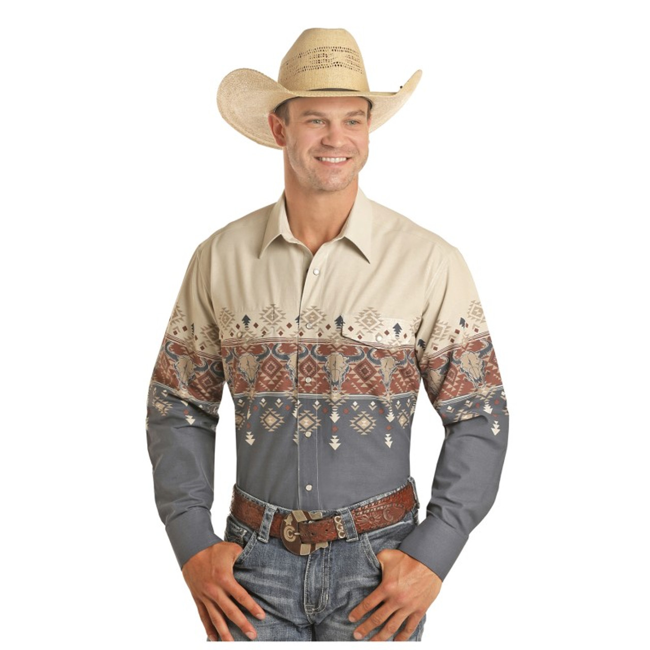 Men's Panhandle Steer Skull Border Western Shirt