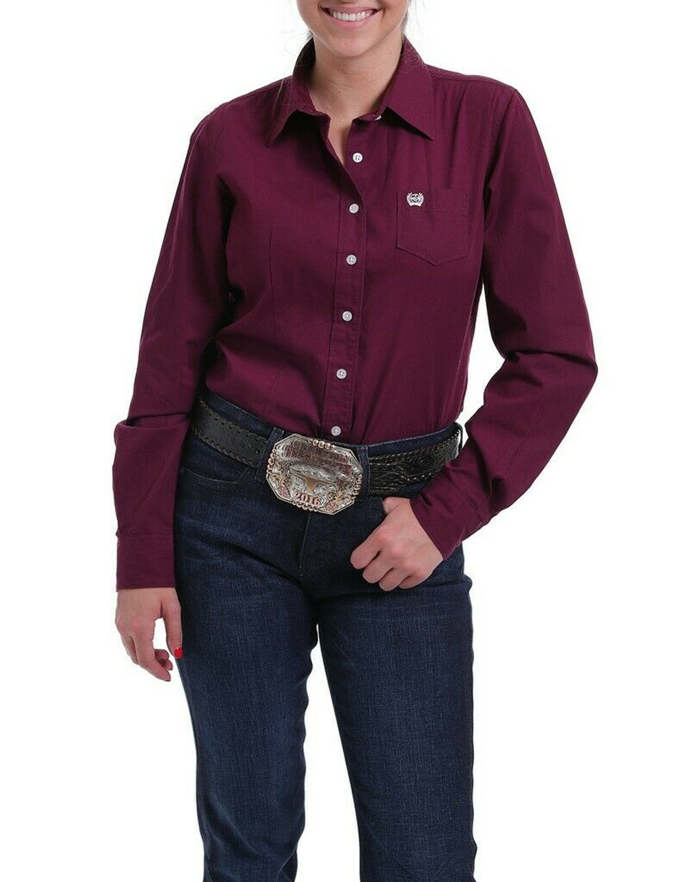 Cinch Women's Long Sleeve Solid Button Down Shirt - Red