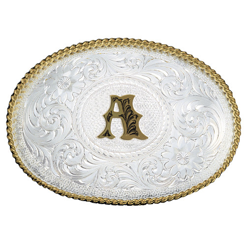 Montana Initial Silver Engraved Gold Trim Western Belt Buckle