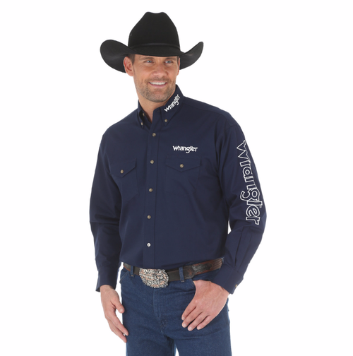 Men's Wrangler Logo Long Sleeve Button Down Navy Shirt