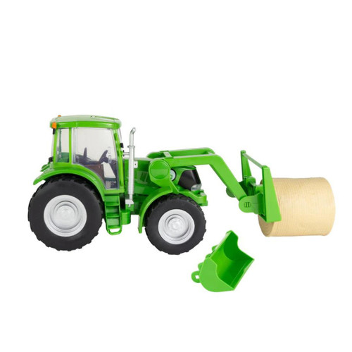 Green Tractor With Loader And Bale