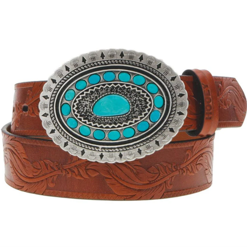 Hooey Ladies “Sioux” Natural & Brown Belt with Turquoise Rodeo Buckle Hooey Ladies “Sioux” Natural & Brown Belt with Turquoise Rodeo Buckle
