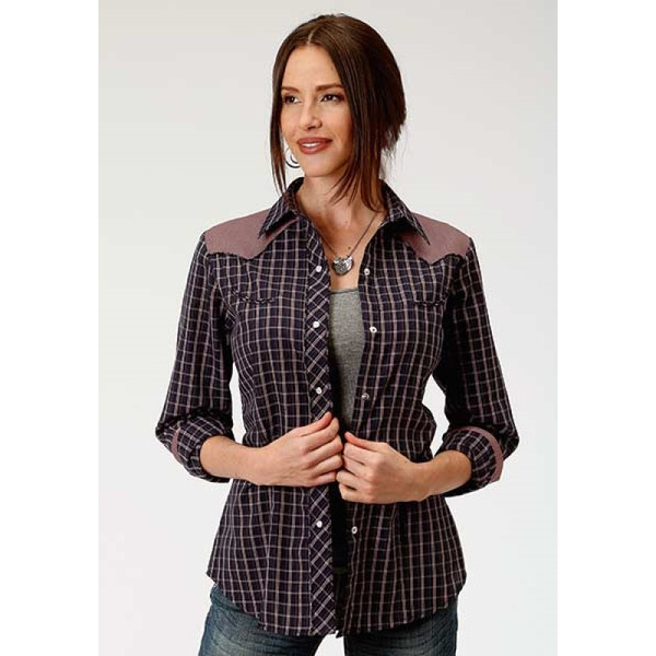 Women's Karman Retro Contrast Fancy Yoke Plaid Shirt