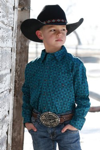 Cinch Boys Button Down Teal/Navy Western Shirt