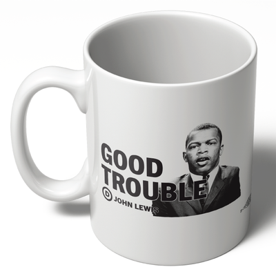 White ceramic mug with an imprint of John Lewis that reads Good Trouble