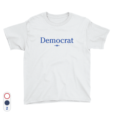 White youth tee that reads Democrat in blue ink