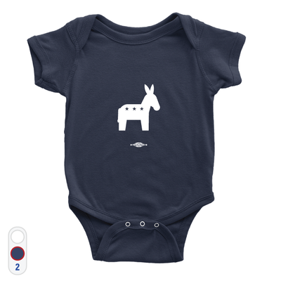 Navy onesie with a Democrat Donkey imprint in white ink