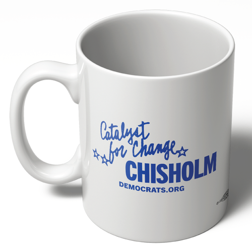 White ceramic mug that reads Catalyst for Change in blue script