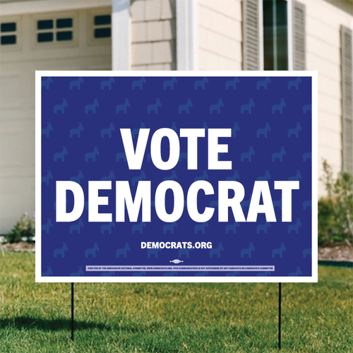 Blue yard sign reading Vote Democrat with muted repeating Democratic donkey background.