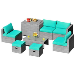 8 Pieces Patio Rattan Furniture Set with Storage Waterproof Cover and Cushion-Turquoise - Color: Tu D681-HW68604TU+