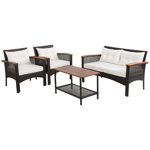 4 Pieces Patio Rattan Acacia Wood Furniture Set with Cushions and Armrest - Color: Espresso D681-HW69538+