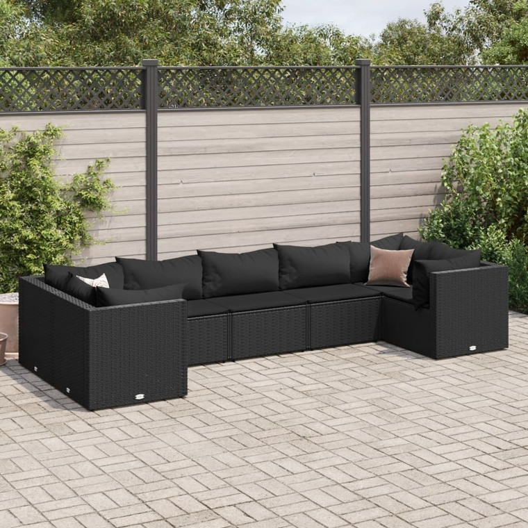 Patio Lounge Set Black PE Rattan 7 Piece Set Adjustable Feet A949-3308259