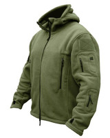 Kombat UK tactical recon fleece hoodie in olive green, men's full zip thick fleece with hood and Velcro patches