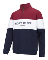 Hoggs Of Fife men's Dumfries 1/4 zip sweatshirt Burgundy/White/Navy, polycotton jumper.