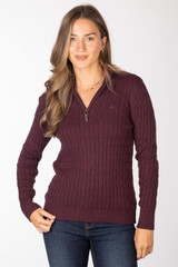 Rydale Ladies Emma Quarter Zip Cable Knit Jumper in Burgundy, women's country style jumper