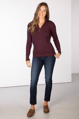 Rydale Ladies Emma Quarter Zip Cable Knit Jumper in Burgundy, women's country style jumper