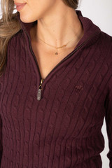 Rydale Ladies Emma Quarter Zip Cable Knit Jumper in Burgundy, women's country style jumper