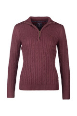 Rydale Ladies Emma Quarter Zip Cable Knit Jumper in Burgundy, women's country style jumper