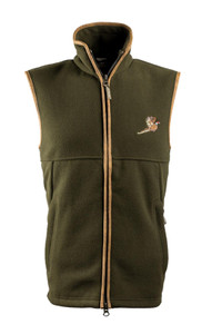 Jack Pyke Countryman Gilet in Dark Olive with embroidered pheasant motif, men's country fleece gilet for shooting Jack Pyke Countryman Gilet in Dark Olive with embroidered pheasant motif, men's country fleece gilet for shooting