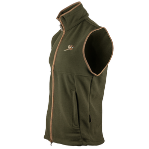 Jack Pyke Countryman Gilet in Dark Olive with embroidered pheasant motif, men's country fleece gilet for shooting Jack Pyke Countryman Gilet in Dark Olive with embroidered pheasant motif, men's country fleece gilet for shooting